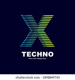 Plantilla vectorial del logotipo de la tecnología X de letras abstractas. Adecuado para la industria de fuentes digitales con punto, color gradiente y estilo moderno. También adecuado para el negocio de las máquinas.