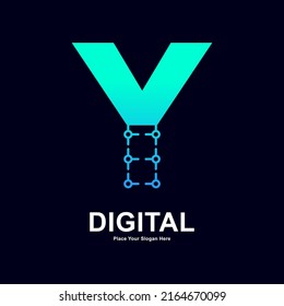 Abstract letter Y with dots connection vector logo design. Suitable for biotechnology molecule atom DNA chip symbol, Medicine, science, technology, laboratory, electronic