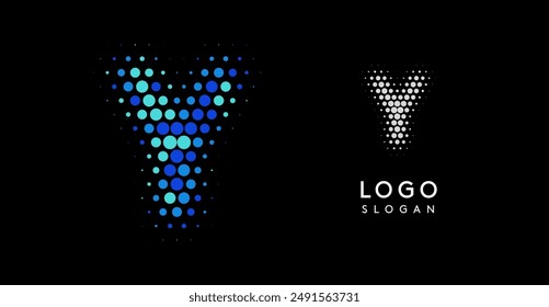 Abstract letter Y logo with blue gradient dots, modern minimalist design. Ideal for business branding, corporate identity, technology firms. Stylish and professional symbol. Vector illustration