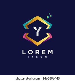 Abstract letter Y logo design template. gold, blue and purple gradient Color hexagon creative sign. Universal vector icon.