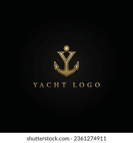Abstract Letter Y monogram, Anchor logotype. The logo of the yacht club, maritime in gold color isolated on a black background. Letter anchor Y in gold color applied for the Yacht charter broker logo
