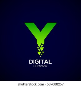 Abstract Letter Y Pixel logo with Triangle Shape, Green Arrow Fly Forward Signs, Media Play Symbols, Technology and Digital Connection concept for your Corporate identity Business company