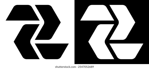 Abstrakter Buchstabe Z mit Pfeilen. Symbol oder Logo der Generation Z. Eine schwarze Form auf weißem Hintergrund und die gleiche weiße Form auf der schwarzen Seite.