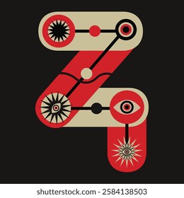 Abstract letter 'Z' design with geometric shapes, circles, and stars in red, black, and beige. Modern and artistic letter 'Z' with bold patterns and colors. Vector design.