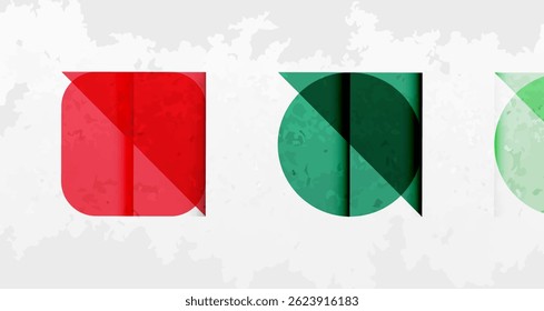 Letras abstratas, tons vermelhos e verdes. Fundo texturizado sugere estilo vintage. Design minimalista, formas simples, estética moderna.