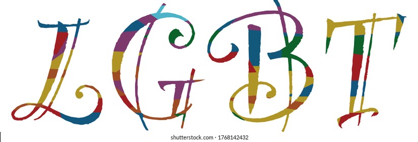 Diseño de letras abstractas. Diseño aislado de ilustración vectorial. Concepción de derechos LGBT. Rojo, amarillo, verde, azul, violeta, naranja. Lesbianas, gays, bisexuales, transgéneros. 