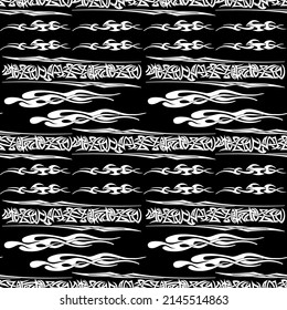 Abstract lettering and patterns white on black background, seamless pattern, texture for fabric design, wallpaper and tiles, vector illustration