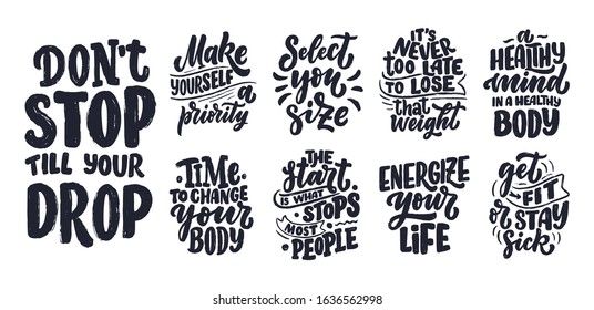 Abstract lettering set about sport and fitness for poster or print design. Healthy lifestyle. Modern calligraphy for business success concept. Handwritten letters. Typography funny quotes. Vector