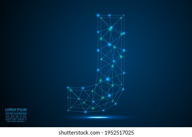 Abstract letters font is made up of triangles, lines, dots and connections. On a dark blue background, stars of the cosmic universe, meteorites, galaxies. Vector illustration eps 10.