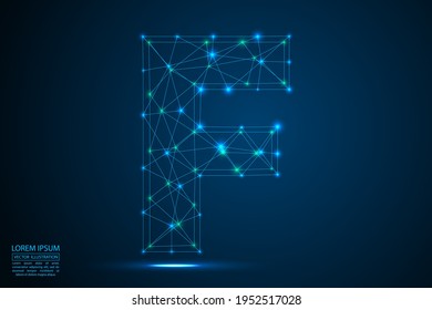 El tipo de letra de las letras abstractas está formado por triángulos, líneas, puntos y conexiones. En un fondo azul oscuro, estrellas del universo cósmico, meteoritos, galaxias. Ilustración vectorial eps 10.