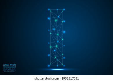 Abstract letters font is made up of triangles, lines, dots and connections. On a dark blue background, stars of the cosmic universe, meteorites, galaxies. Vector illustration eps 10.