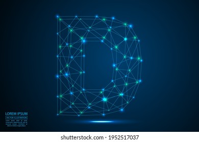 Abstract letters font is made up of triangles, lines, dots and connections. On a dark blue background, stars of the cosmic universe, meteorites, galaxies. Vector illustration eps 10.