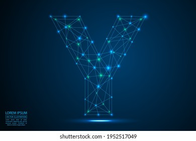 Abstract letters font is made up of triangles, lines, dots and connections. On a dark blue background, stars of the cosmic universe, meteorites, galaxies. Vector illustration eps 10.