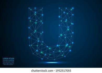 Abstract letters font is made up of triangles, lines, dots and connections. On a dark blue background, stars of the cosmic universe, meteorites, galaxies. Vector illustration eps 10.