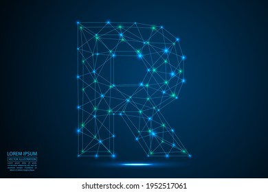 Abstract letters font is made up of triangles, lines, dots and connections. On a dark blue background, stars of the cosmic universe, meteorites, galaxies. Vector illustration eps 10.