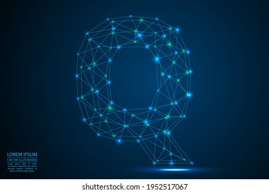 Abstract letters font is made up of triangles, lines, dots and connections. On a dark blue background, stars of the cosmic universe, meteorites, galaxies. Vector illustration eps 10.
