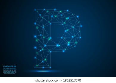 El tipo de letra de las letras abstractas está formado por triángulos, líneas, puntos y conexiones. En un fondo azul oscuro, estrellas del universo cósmico, meteoritos, galaxias. Ilustración vectorial eps 10.