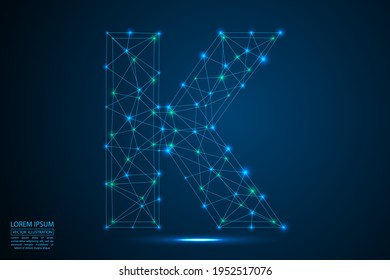 El tipo de letra de las letras abstractas está formado por triángulos, líneas, puntos y conexiones. En un fondo azul oscuro, estrellas del universo cósmico, meteoritos, galaxias. Ilustración vectorial eps 10.