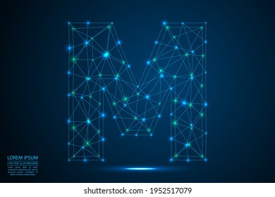 Abstract letters font is made up of triangles, lines, dots and connections. On a dark blue background, stars of the cosmic universe, meteorites, galaxies. Vector illustration eps 10.