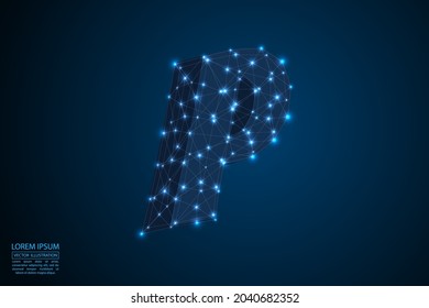 Abstrakte Buchstabenschrift besteht aus Dreiecken, Linien, Punkten und Verbindungen. Auf dunkelblauem Hintergrund, Sterne des kosmischen Universums, Meteoriten, Galaxien. Vektorgrafik eps10.