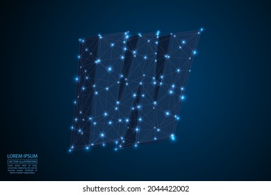 Abstract letters font is made up of triangles, lines, dots and connections. On a dark blue background, stars of the cosmic universe, meteorites, galaxies. Vector illustration eps 10.