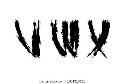 Abstract letters set painted with brush. V, W, X signs. Futuristic font for lettering and type design