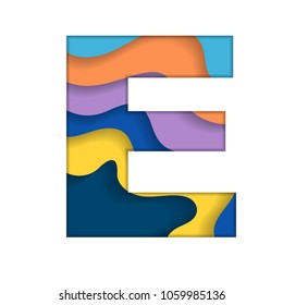 Abstract lettes E silhouette with cut paper waves isolated on white background