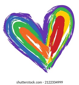 An abstract LGBT Pride heart in rainbow colors designed with brush strokes on an isolated white background