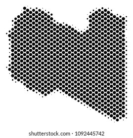 Abstract Libya map. Vector halftone territory scheme. Cartographic pixelated composition. Schematic Libya map is constructed of regular spheric point mosaic.
