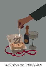 Abstract Lifestyle Fashion Happy Birthday Illustration Birthday Cake Candles Champagne Glass Hand Vector Design