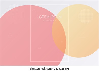 Abstract light background and brochure design with red and yellow colored circles, dotted circles, triangles and plus symbols. Ideally design for corporate notebooks and advertising brochures.