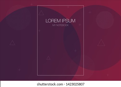 Abstract light background and brochure design with burgundy colored circles, dotted circles, triangles and plus symbols. Ideally design for corporate notebooks and advertising brochures.