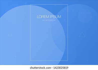 Abstract light background and brochure design with blue colored circles, dotted circles, triangles and plus symbols. Ideally design for corporate notebooks and advertising brochures.