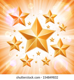Abstract light background with gold stars and sun flares. Vector illustration. Stock vector