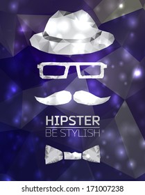 Abstract light  background with Hipster typography. Mustache, hat, sun glasses