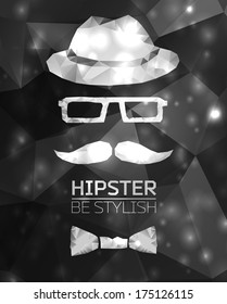 Abstract light  background with Hipster typography. Mustache, hat, sun glasses, bow tie