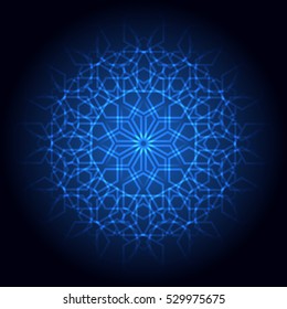 Abstract light background. Vector illustration of glowing laser geometric islamic pattern for your design