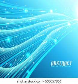 Abstract light background with waves stream glowing sparkling effects and flare in blue colors vector illustration