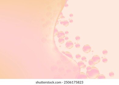 Abstract light beige, pink liquid gradient background with copy space. Fluid bubbles or droplet flow, fluid collagen serum texture wallpaper. Beauty product presentation, cosmetic promotion, banner