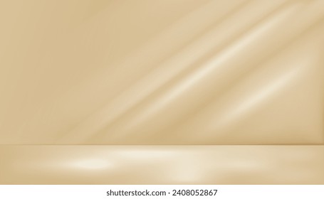 Abstract light beige or yellow studio background for product presentation with intricate light and shadow from window and wall lighting.