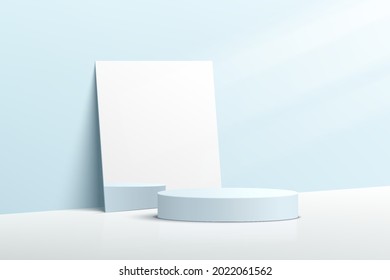 Abstract light blue 3D cylindrical pedestal podium with rectangular mirrors and illumination. Pastel blue minimalist wall scene for cosmetic product presentation. Vector geometry rendering platform.