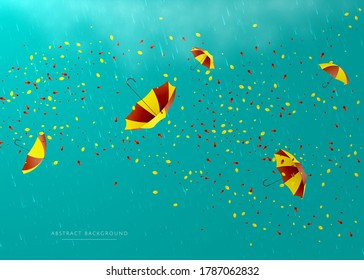 Resumen de fondo azul claro de otoño con hojas y paraguas volando en la lluvia. Ilustración vectorial.