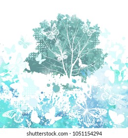 Abstract Light blue background with blots of tree and butterflie