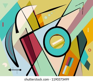 Abstract  light blue background ,fancy  geometric and curved brown shapes , expressionism art style
