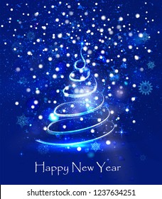 Abstract light blue christmas tree on gradient background with bokeh and bright. Vector magic illustration for christmas and new year. Magic light, snowflakes and cool stars