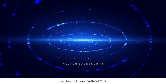 Abstractas líneas punteadas de color azul claro que brillan círculos sobre fondo oscuro. Concepto de datos de comunicación de alta velocidad. Ilustración vectorial