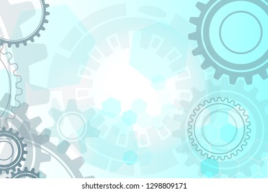 Abstract light blue future technology or industrial background featuring geometric elements and fantasy machine parts, gear wheels and lights.