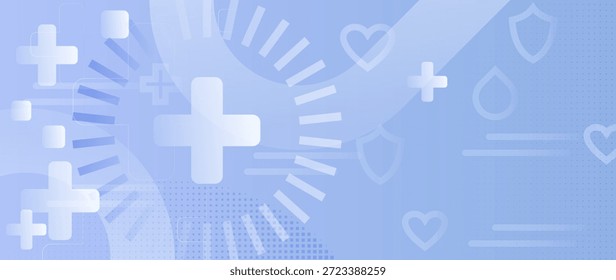Abstrakter, hellblauer medizinischer Hintergrund mit Kreuzen, Herzen und Schild-Symbolen. Modernes Gesundheitsdesign für Medizin, Krankenhaus und Versicherung. Vektorgrafik