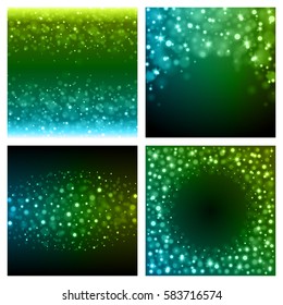 Abstract Light Blue Green Bokeh Set Backgrounds Vector Illustration. Magic Defocused Glitter Sparkles. Good for promotion materials, Brochures, Banners. Abstract Backdrop.