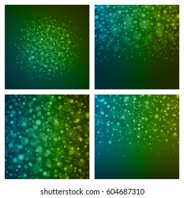 Abstract Light Blue Green Bokeh Set Backgrounds Vector Illustration. Magic Defocused Glitter Sparkles. Good for promotion materials, Brochures, Banners. Abstract Backdrop.